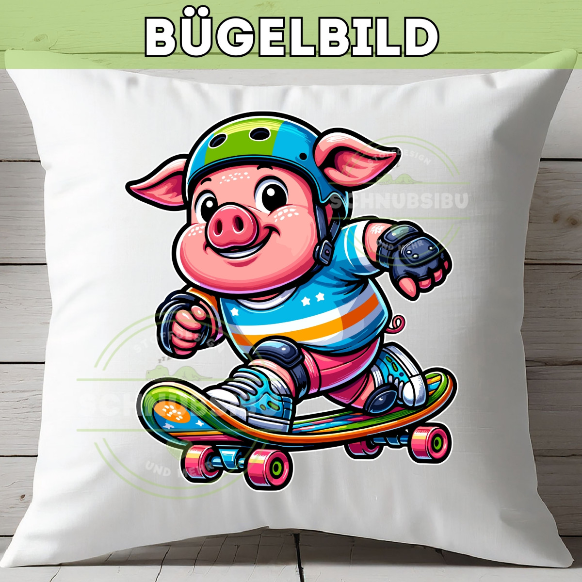 Bügelbild Schwein auf Skateboard
